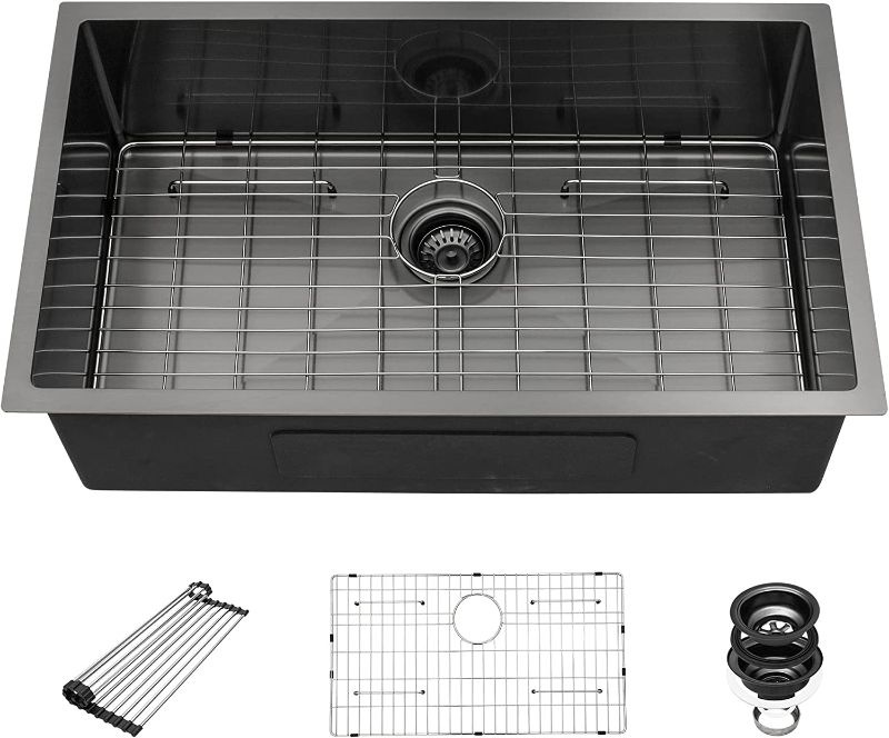 Photo 1 of 32 Inch Black Undermount Kitchen Sink - Beslend 32"x19"x10" Stainless Steel Gunmetal Black 16 Gauge 10 Inch Deep Single Bowl Basin 