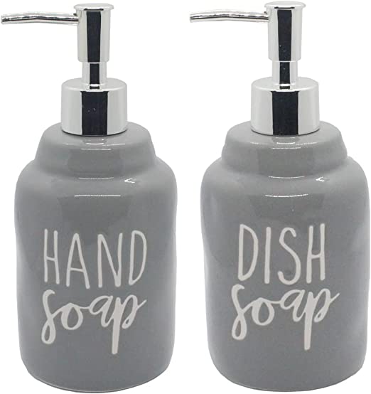 Photo 1 of 2 Pack Ceramics Hand Soap and Dish Soap Dispenser Set for Kitchen and Bathroom, Refillable Liquid Hand Soap Dispenser, Premium Kitchen Soap Dispenser, Perfect for Counter Décor (Gray)
