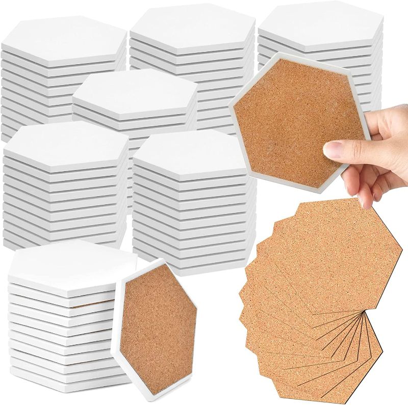Photo 1 of 100 Pack Ceramic Tiles for Crafts Coasters, Hexagon White Tiles Unglazed 4-Inches with Cork Backing Pads, for Alcohol Ink or Acrylic Pouring, DIY Make Your Own Coasters, Mosaics, Painting Projects 