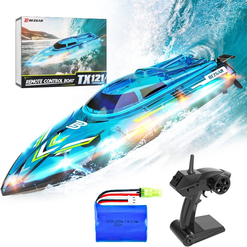 Photo 1 of BEZGAR TX121 RC Boat, Remote Control Boat for Pools and Lakes, 2.4GHz Racing RC Boats for Adults and Kids, Top Speed 20+MPH, Features with Transparent Cover and LED Effect, with Rechargeable