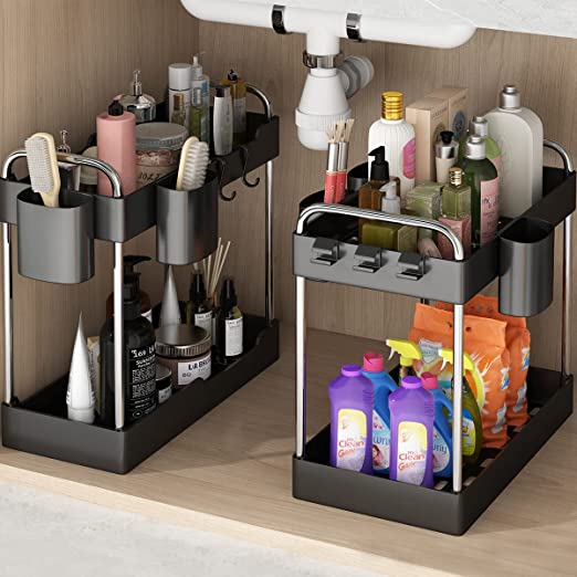 Photo 1 of 2 Pack Under Sink Organizer,2 Tier Under Sink Storage Organizer with Hooks and Hanging Cups for Bathroom,Kitchen Multi-Purpose Standing Rack Organizer,Bathroom Collection Baskets
