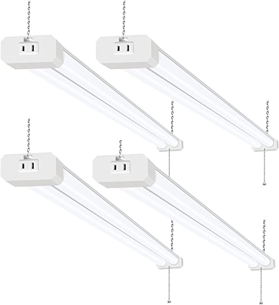 Photo 1 of 4 Pack 4FT LED Shop Light, Linkable Utility Shop Lights, 42W, 5000K Daylight White Shop Light for Garages, Workshops,Hanging or FlushMount, Power Cord with Pull Chain Switch, ETL
