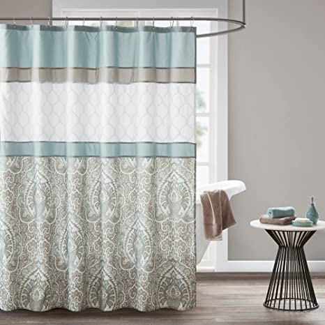 Photo 1 of 510 DESIGN Shower Curtain, Geometric Textured Embroidery Design with Built-in Liner, Modern Mid-Century Bathroom Decor, Machine Washable, Fabric Privacy Screen 72x72, Shawnee, Seafoam
