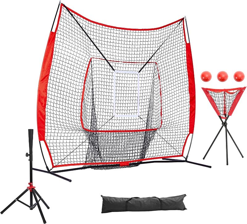 Photo 1 of ZELUS Baseball and Softball Practice Net 7×7ft Hitting Batting Net with Strike Zone Target, Baseball Softball Batting Tee
