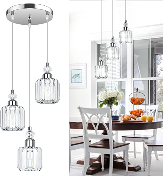 Photo 1 of 3-Light Crystal Pendant Light for Kitchen Island, Dining Room Modern Cluster Pendant Lighting Over Table, Hanging Ceiling Chandelier Fixture with Adjustable Cord for Hallway Corridor Bedroom, Chrome