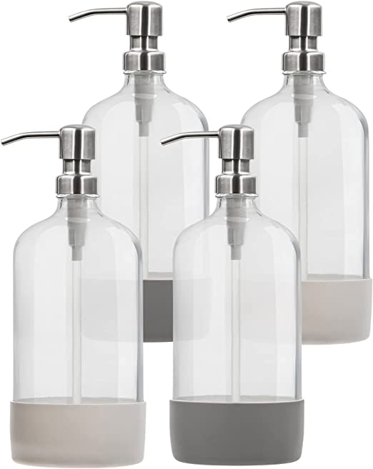 Photo 1 of 32 oz Glass Pump Bottle Rustproof Stainless Steel Pump, Funnel, and Lids. Modern Farmhouse Vintage Jar, Large Glass Shampoo Bottles with Pump and Laundry Soap Dispenser - Silver 