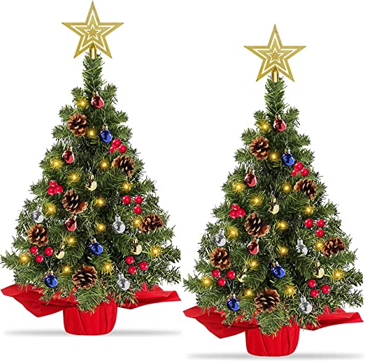 Photo 1 of 24 Inch / 2 Ft Preilt Christmas Tree Tabletop Decor 50 Lights Star Artificial Xmas Tree Pinecone Balls Red Berries Battery Operated Christmas Decorations Indoor Home (Warm White)
