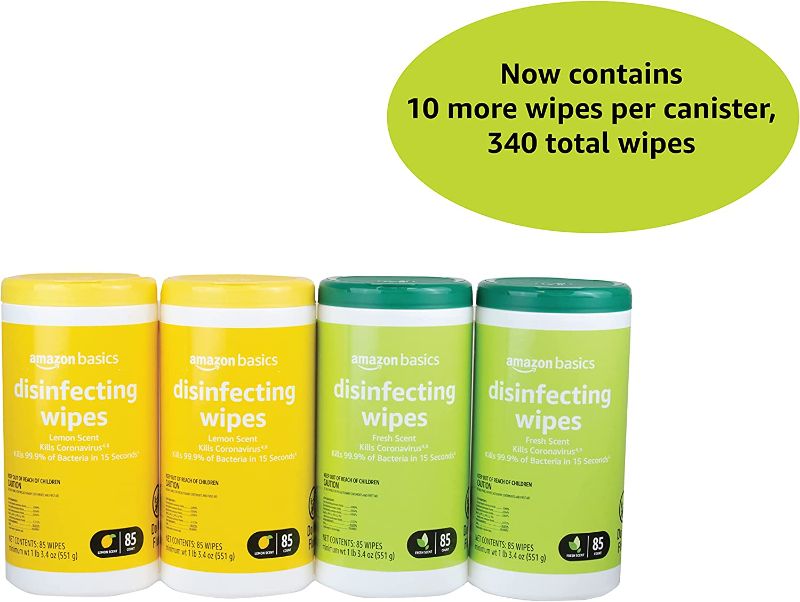 Photo 1 of Amazon Basics Disinfecting Wipes, Lemon & Fresh Scent, Sanitizes/Cleans/Disinfects/Deodorizes, White, 85 Count, Pack of 4 (Previously Solimo)
