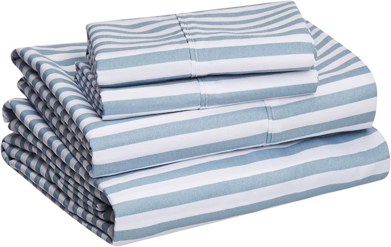 Photo 1 of Amazon Basics Lightweight Super Soft Easy Care Microfiber Bed Sheet Set with 14-Inch Deep Pockets - Queen, Dusty Blue Pinstripe
