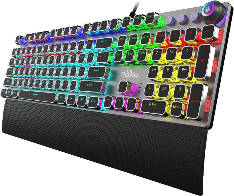 Photo 1 of Fiodio Mechanical Gaming Keyboard, LED Rainbow Gaming Backlit, 104 Anti-ghosting Keys, Quick-Response Black Switches, Multimedia Control for PC and Desktop Computer, with Removable Hand Rest
