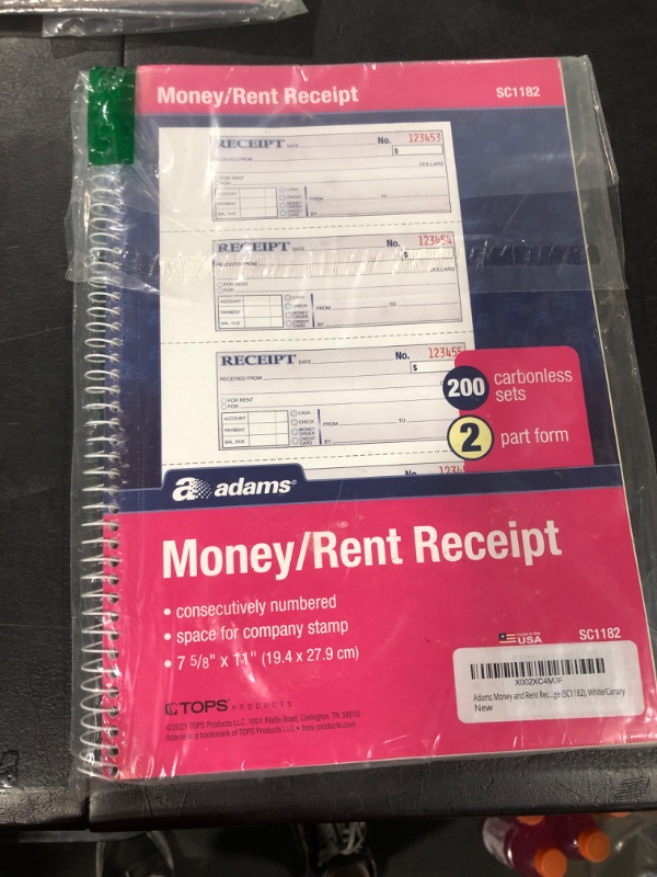 Photo 2 of Adams Money and Rent Receipt Book, 2-Part Carbonless, 7-5/8" x 11", Spiral Bound, 200 Sets per Book, 4 Receipts per Page (SC1182), White/Canary 