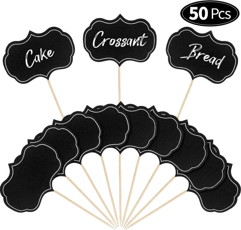Photo 1 of 50 Pieces Cheese Markers for Charcuterie Board Buffet Labels Food Tags Blank Toothpick Flags Appetizer Signs Chalkboard Cupcake Toppers Picks for Wedding Birthday Party Decorations (Black) 