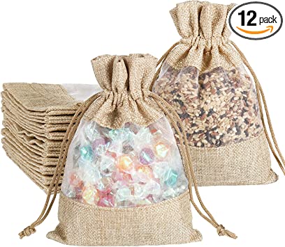 Photo 1 of Burlap Drawstring Bags 5x7 Inch with Sheer Window Organza, Candy Jewelry Gift Pouches for Party Favors, DIY Craft, Birthday and Wedding (12 Pack)