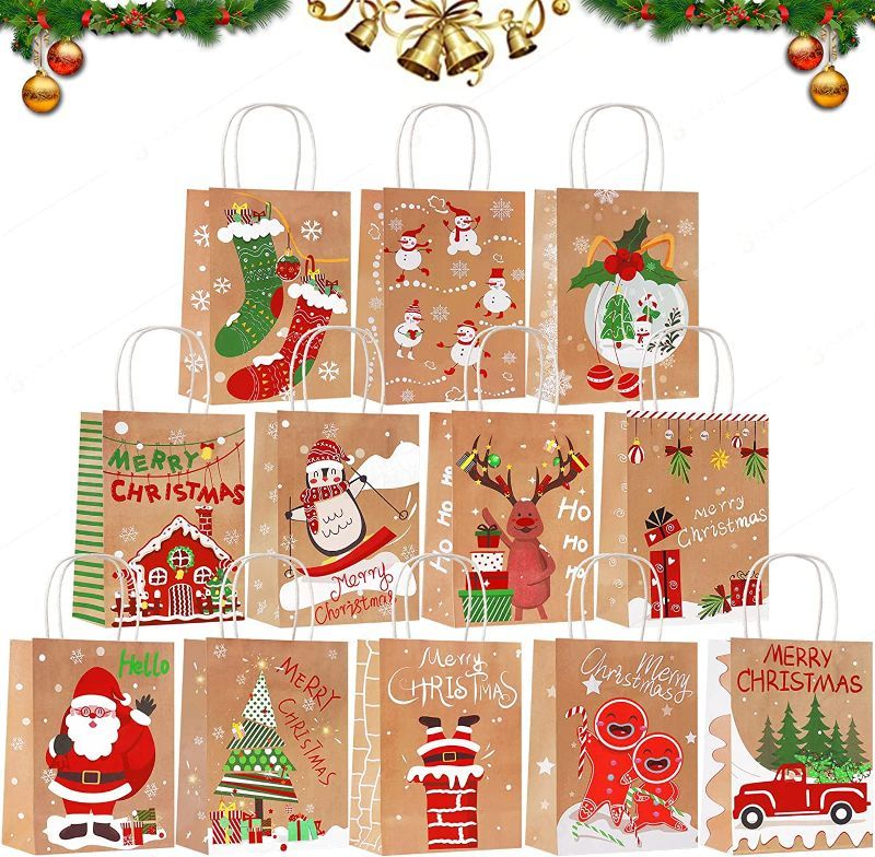 Photo 1 of  Christmas Gift Bags, 12 PCS Kraft Gift Bags with Handles, 12 Classic Xmas Prints Christmas Goodie Bags for Holiday Party Favors 