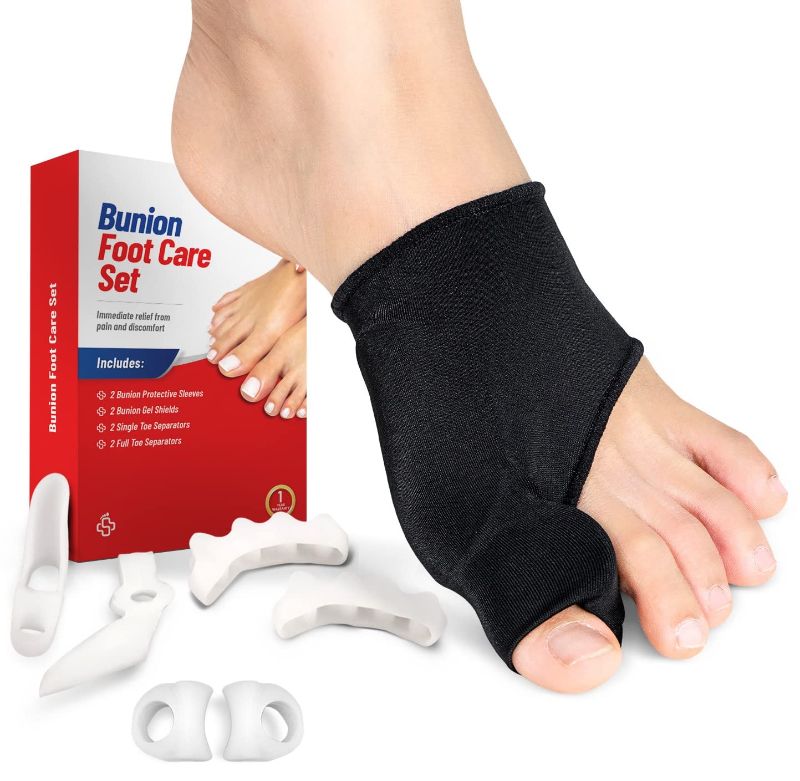 Photo 1 of Bunion Corrector for Women and Men - Relieve Bunion Pain and Correct Toe Alignment - 8 Piece Kit Includes: 2 Bunion Sleeves, 2 Toe Separators, 2 Toe Spacers, and 2 Gel Protector Shields - Straighten Overlapping Toes, Crooked Toes, Hammer Toe