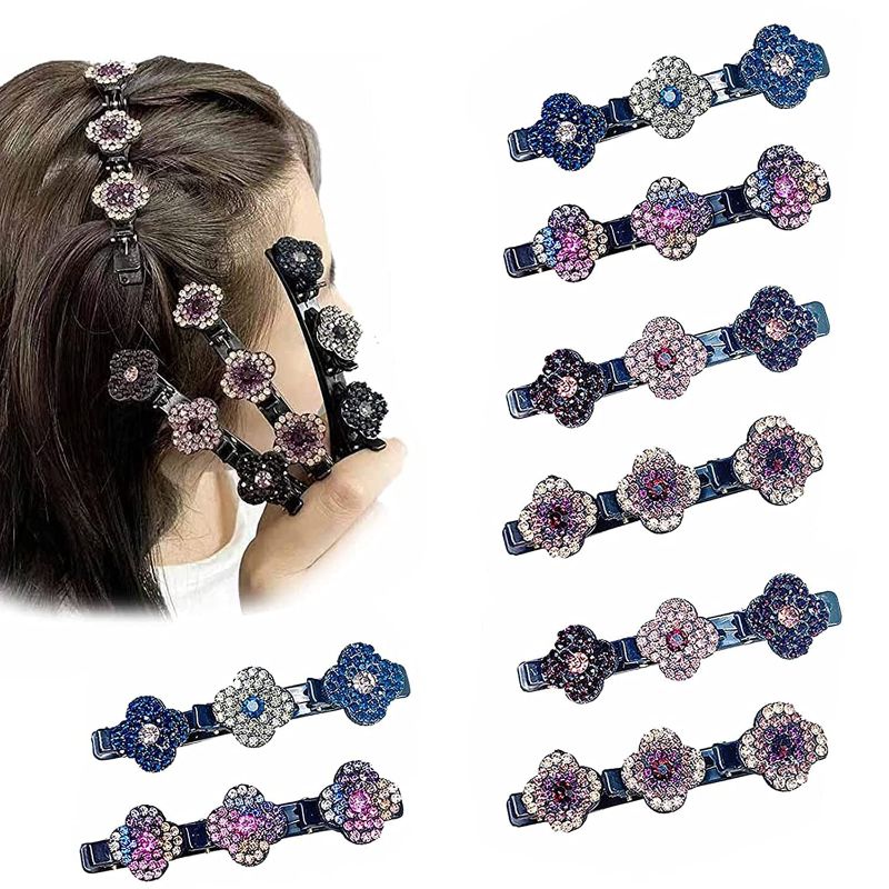 Photo 1 of 8PCS sparkling crystal stone braided hair clips,Satin Fabric Hair Bands Four-Leaf Clover Chopped Hairpin Duckbill Clip