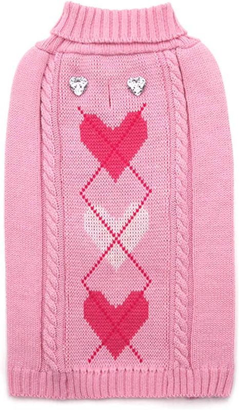 Photo 1 of [Size L] Dog Sweater Pink with Leash Hole Turtleneck Heart Pattern Knit Pullover