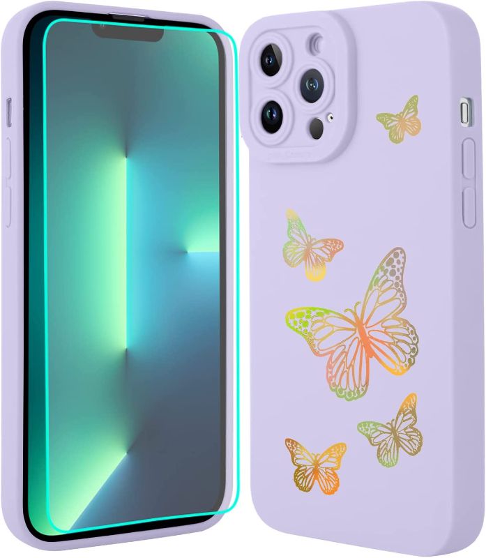 Photo 1 of  iPhone 13 Pro Max Case Purple Cute Dazzling Butterfly Phone Case with [Tempered Glass Screen Protector], Camera All-Round Protection Shockproof Cover- Purple