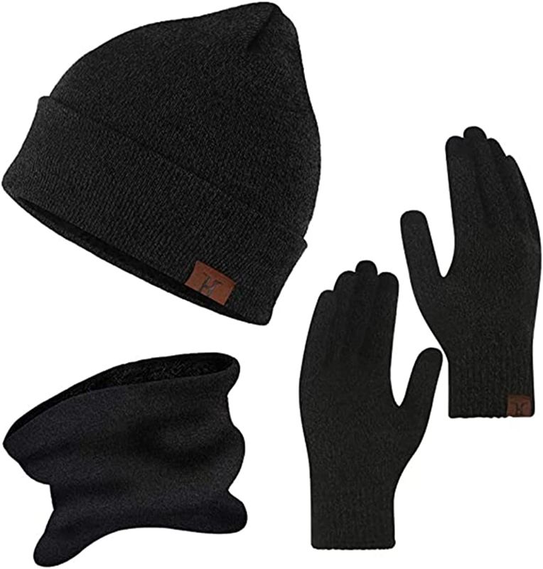 Photo 1 of 3PCS Winter Beanie Hat Scarf Touchscreen Gloves Set for Men Women Fleece Lined Slouchy Snow Knit Skull Cap Mittens Unisex 