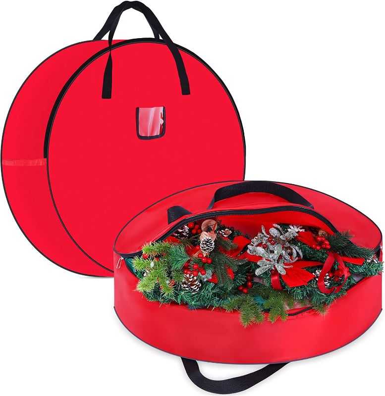 Photo 1 of 2 Pcs Christmas Wreath Storage Bag 30'' Oxford Fabric Wreath Storage Container Tear Resistant Wreath Bag with Handles Zippered and Transparent Card Slot Decorative Wreath Storage for Garland https://a.co/d/0R20nSg