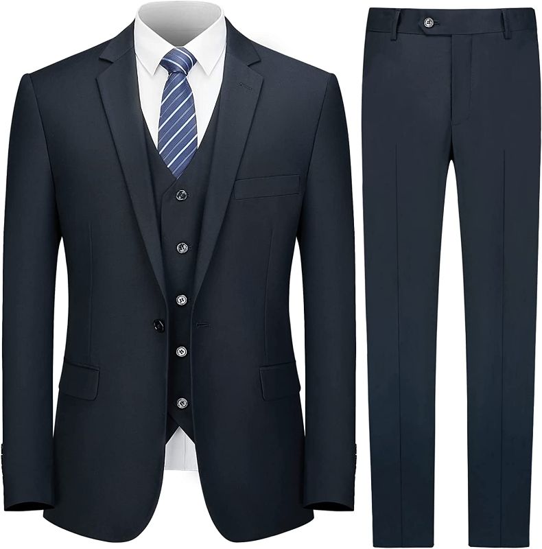 Photo 1 of [Size XL] Cooper & Nelson Men's Suit Slim Fit, 3 Piece Suits for Men, One Button Solid Jacket Vest Pants with Tie, Tuxedo Set- Navy
