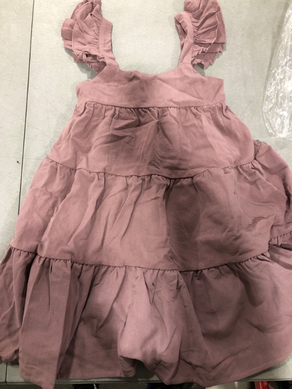 Photo 1 of [Size 4T] Ruffle Summer Dress V Neck Mini Dress Solid Color Loose Fit Short Flowy Pleated Dress