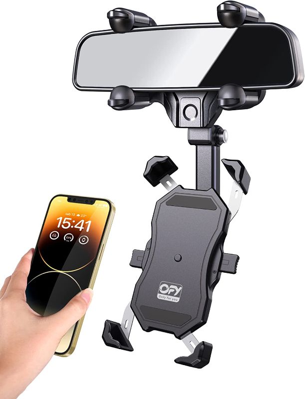 Photo 1 of OFY Phone Mount for Car, [2023 Upgraded 4 Clip Never Fall] Rear View Mirror Phone Holder, 360 Rotatable and Retractable Car Phone Holder for Most Mobile Phones & Vehicles