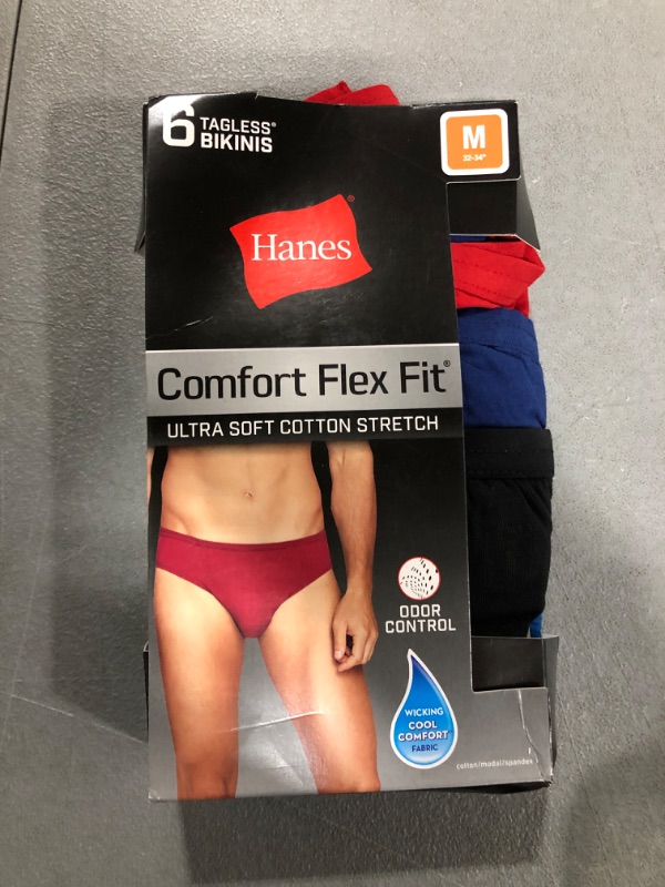 Photo 2 of [Size M] Hanes Men's Bikini Pack, Moisture-Wicking Stretch Cotton Bikini 6-Pack, Odor Control Bikini Underwear, 6-Pack Medium Assorted