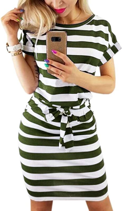 Photo 1 of [Size ] Love2mi Striped Waist Tie Short Sleeve Dress- Olive and White