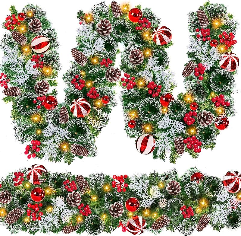 Photo 1 of [2 Pcs & Timer 8 Mode] 9 Ft 100 LED Artificial Christmas Garland with Lights Battery Operated 18 Red Ball 300 Tips Snowy Pine 198 Berry 6 Cypress Leaf 18 Pinecone Xmas Sliver Decoration Indoor Mantle 