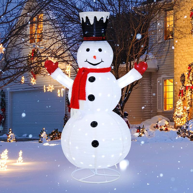 Photo 1 of 6 FT Lighted Christmas Snowman, Outdoor Pop-up Snowman Figure w/200 Lights, Red Scarf, Black Hat, Ground Stakes, Zip Ties, Collapsible