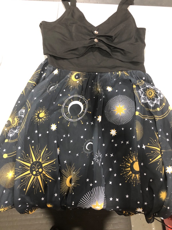 Photo 2 of [Size L] Women's Vintage Chiffon Sun Moon Star Sleeveless A-Line High Low Dress- Galaxy Black