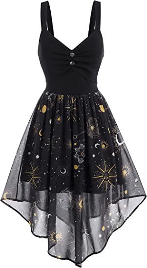 Photo 1 of [Size L] Women's Vintage Chiffon Sun Moon Star Sleeveless A-Line High Low Dress- Galaxy Black