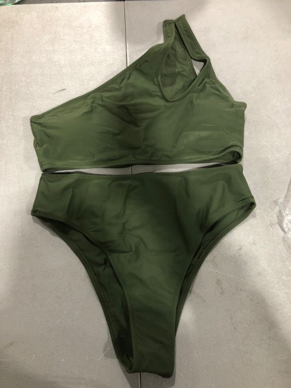 Photo 2 of [Size L] FAFOFA Women's Bikini Set Cutout One Shoulder High Waist Two Piece Swimsuit -Army Green