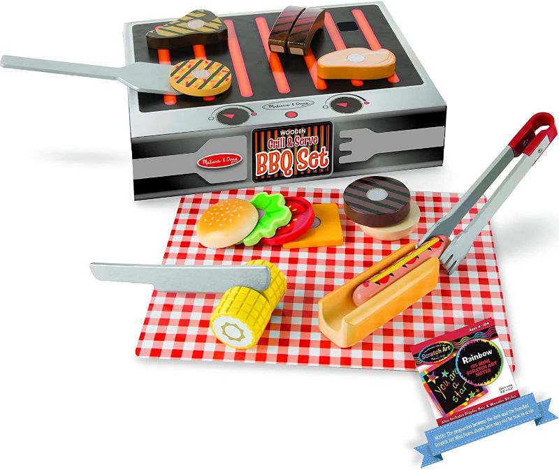 Photo 1 of Melissa & Doug Grill & Serve BBQ Set: Wooden Play Food Set & 1 Scratch Art Mini-Pad Bundle (09280)
