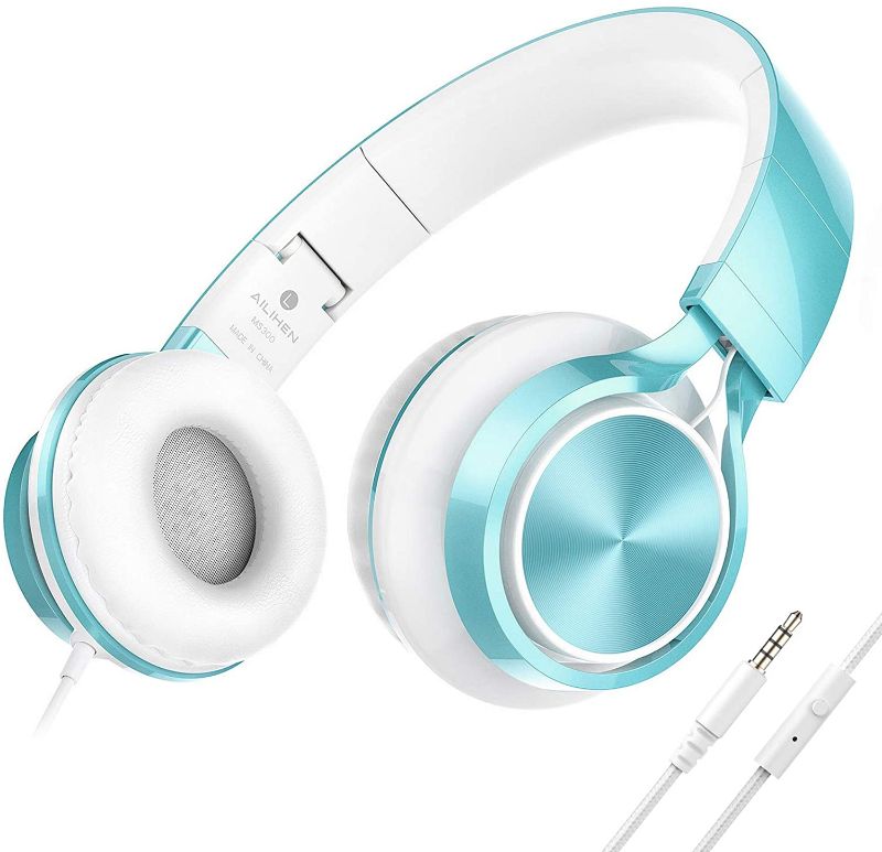 Photo 1 of AILIHEN MS300 Wired Headphones with Microphone for Chromebook Laptop Computer Smartphone, 3.5mm Foldable Lightweight Headset for School Teen Girls Boys Teenager Online Zoom (Teal) 