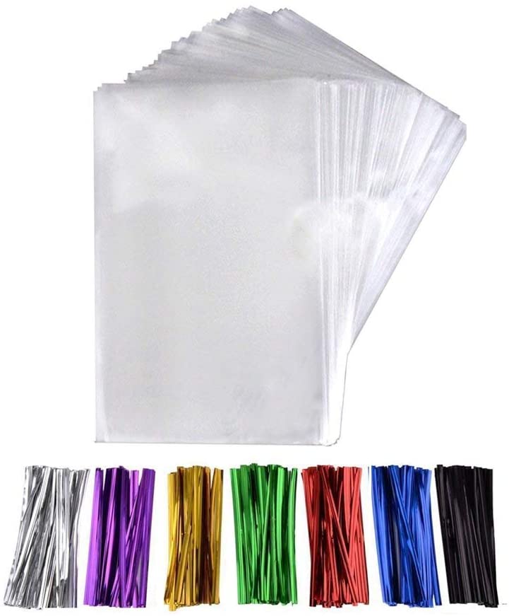 Photo 1 of 100 PCS Cellophane Bags Treat Bags Good for Bakery, Cookies, Candies,Dessert with five random color Twist Ties