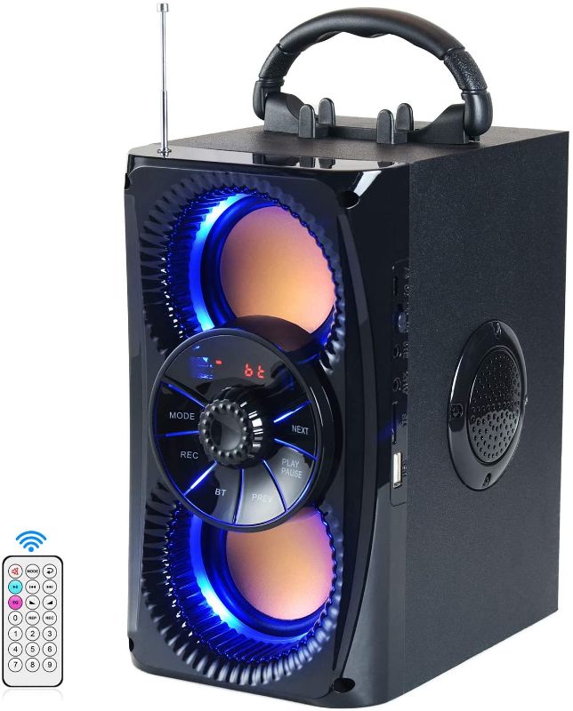 Photo 1 of DINDIN Bluetooth Speaker, Portable Wireless Speakers with Lights, 2 Double Subwoofer Heavy Bass, 2 Loud Speaker, FM Radio, SD Player, Remote, Suitable for Travel, Indoor and Outdoor https://a.co/d/gRKd3ps