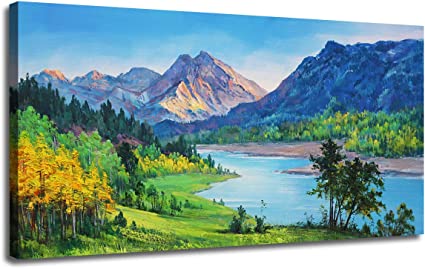 Photo 1 of Ardemy Canvas Wall Art Nature Mountain Blue Stream Scenery Painting, Landscape Green Teal Panoramic Picture Artwork Framed for Home Office Living Room Bedroom Decor One Panel 40"x20"
