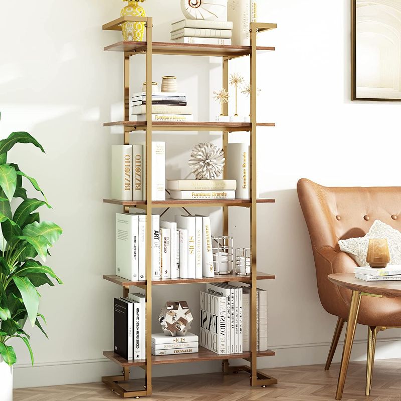 Photo 1 of Arts wish 5 Tier Gold Bookshelf, Modern Industrial Bookshelf Freestanding Bookshelf with Metal Frame, 5 Shelf Wood Display Shelving Unit, Walnut/Gold