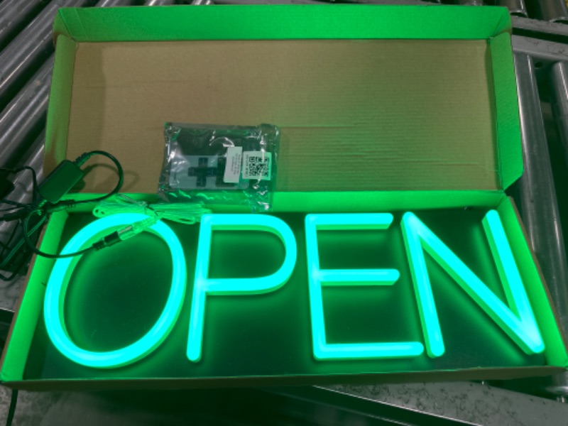 Photo 2 of HiNeon Green Neon Open Sign 20inx7in LED Open Sign w/ Remote Controller, Electric Light Up Open Sign for Business Store, w/ Hanging Chain for Shop Windows, Direct Plug-In w/ 12V Power Adapter