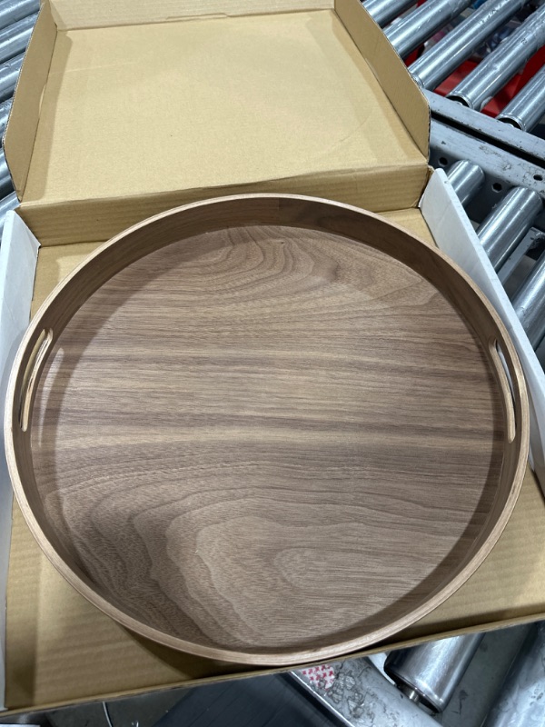 Photo 1 of urbanplus 16.5" Walnut Large Round Serving Tray with Handles, Large Round Ottoman Tray, Bed Tray, Wood Serving Tray for Eating, Food, Coffee, Breakfast, Afternoon Tea, Decoration