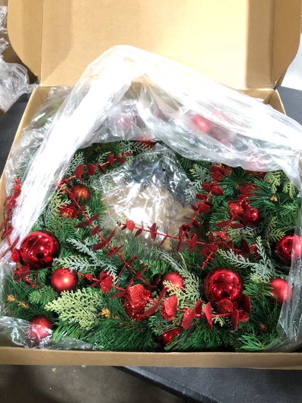 Photo 2 of 24Inch Christmas Wreaths, Christmas Wreaths for Front Door with Balls Ornaments, Eucalyptus and Battery Operated LED Lights, Large Artificial Xmas Wreath with Timer for Outdoor Holiday Decor Ball Christmas Wreath