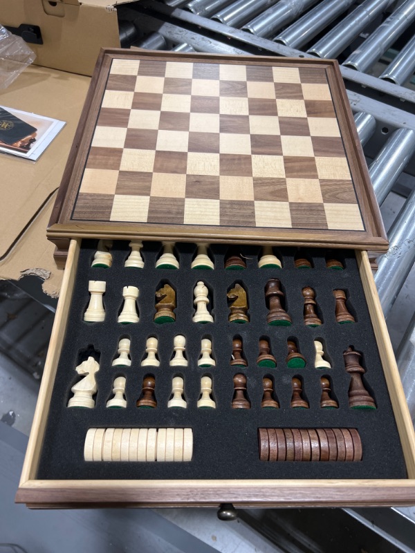 Photo 2 of A&A 15 inch Walnut Wooden Chess & Checkers Set w/ Storage Drawer /Weighted Chess Pieces - 3.0 inch King Height/ Walnut Box w/Walnut & Maple Inlay / 2 Extra Queen / Classic 2 in 1 Board Games Weighted Pieces w/ Walnut Box