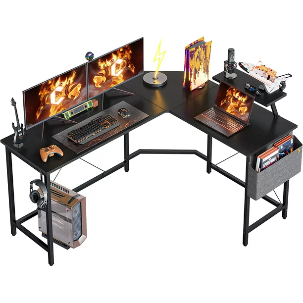 Photo 1 of CubiCubi L-Shaped Computer Desk with Monitor Stand and Storage Bag , Black Finish
