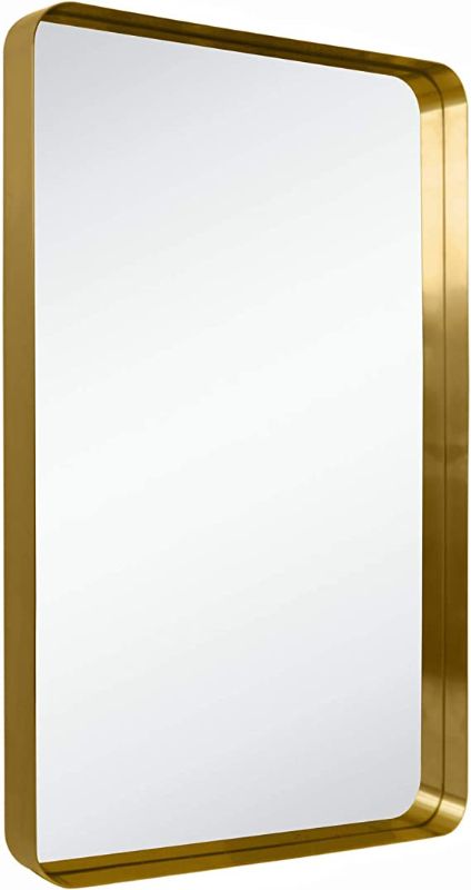 Photo 1 of 20x30 Brushed Gold Metal Framed Bathroom Mirror for Wall in Stainless Steel Rounded Rectangular Bathroom Vanity Mirrors Wall Mounted