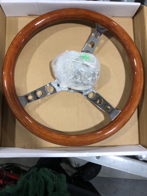 Photo 2 of  15inch 6-Hole Steering Wheel Universal Retro Wood Grip Stainless Steel Spoke with Horn Cover Cable