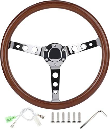 Photo 1 of  15inch 6-Hole Steering Wheel Universal Retro Wood Grip Stainless Steel Spoke with Horn Cover Cable