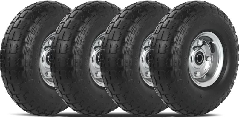 Photo 1 of 4 Pack 4.10/3.50-4" Pneumatic Air Filled Heavy-Duty Wheels/Tires,10" All Purpose Utility Wheels/Tires for Hand Truck/Gorilla Utility Cart/Garden Cart,5/8" Center Bearing,2.25" Offset Hub…
