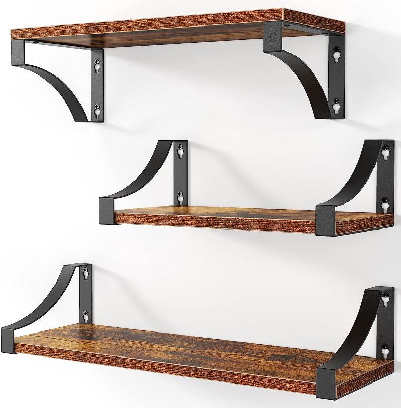 Photo 1 of AMADA HOMEFURNISHING Floating Shelves Wall Mounted Set of 3, Rustic Wood Wall Shelves for Bedroom/Bathroom/Living Room/Kitchen/Laundry Room Storage & Decoration, Rustic Brown